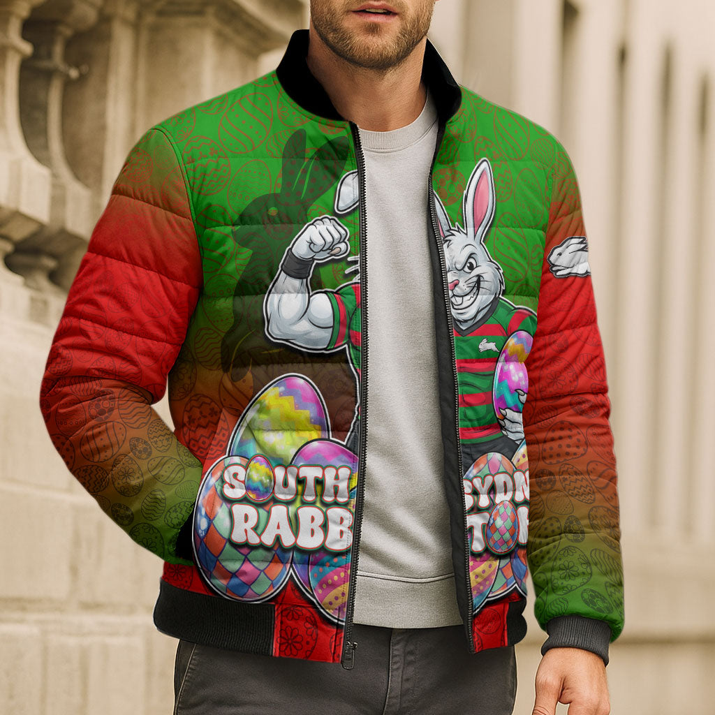 Personalized South Sydney Rabbitohs Bomber Puffer Jacket Easter Mascot - Colorful Eggs Cartoon Style