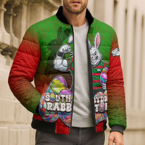 Personalized South Sydney Rabbitohs Bomber Puffer Jacket Easter Mascot - Colorful Eggs Cartoon Style