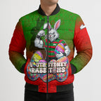 Personalized South Sydney Rabbitohs Bomber Puffer Jacket Easter Mascot - Colorful Eggs Cartoon Style