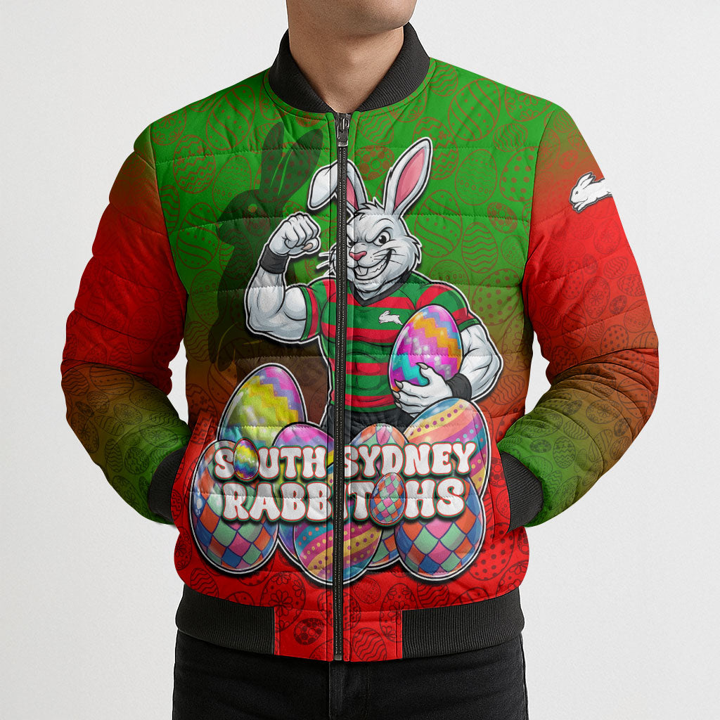 Personalized South Sydney Rabbitohs Bomber Puffer Jacket Easter Mascot - Colorful Eggs Cartoon Style