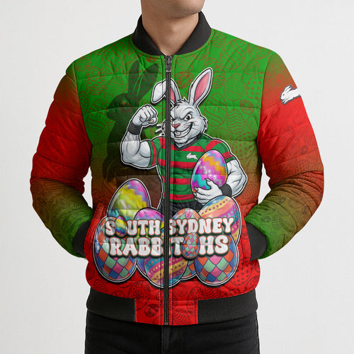 Personalized South Sydney Rabbitohs Bomber Puffer Jacket Easter Mascot - Colorful Eggs Cartoon Style