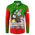 Personalized South Sydney Rabbitohs Button Sweatshirt Easter Mascot - Colorful Eggs Cartoon Style