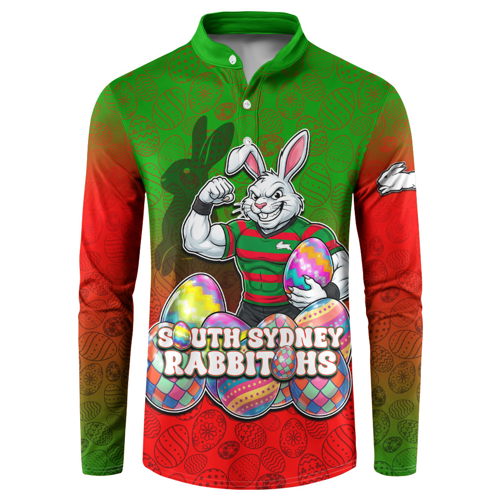 Personalized South Sydney Rabbitohs Button Sweatshirt Easter Mascot - Colorful Eggs Cartoon Style