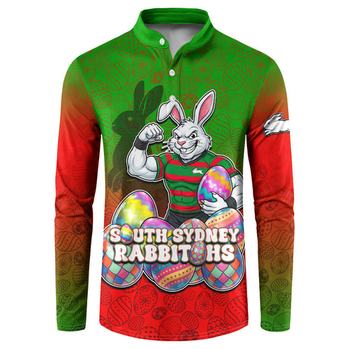 Personalized South Sydney Rabbitohs Button Sweatshirt Easter Mascot - Colorful Eggs Cartoon Style