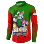Personalized South Sydney Rabbitohs Button Sweatshirt Easter Mascot - Colorful Eggs Cartoon Style