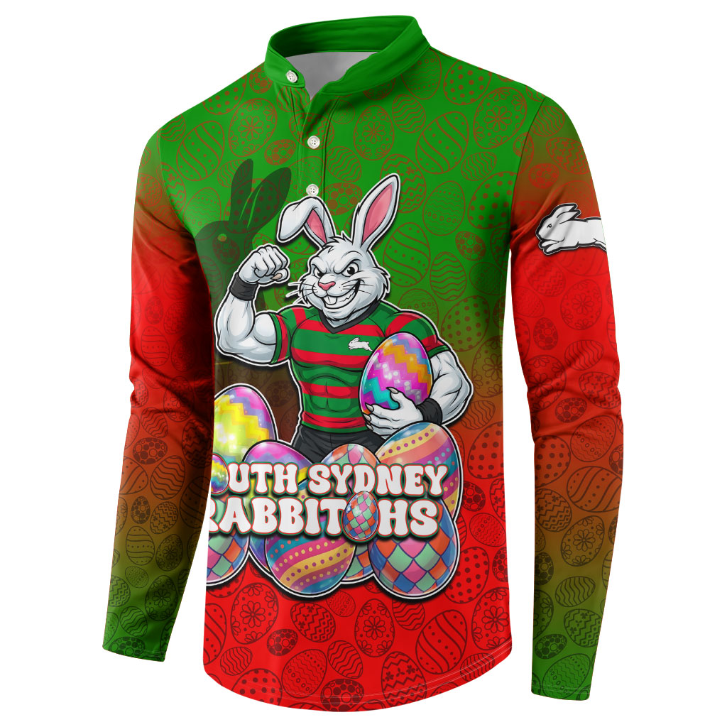 Personalized South Sydney Rabbitohs Button Sweatshirt Easter Mascot - Colorful Eggs Cartoon Style