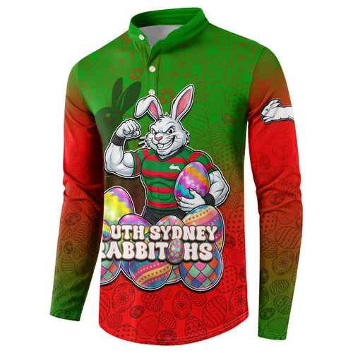 Personalized South Sydney Rabbitohs Button Sweatshirt Easter Mascot - Colorful Eggs Cartoon Style