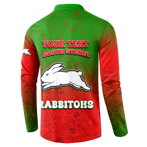 Personalized South Sydney Rabbitohs Button Sweatshirt Easter Mascot - Colorful Eggs Cartoon Style