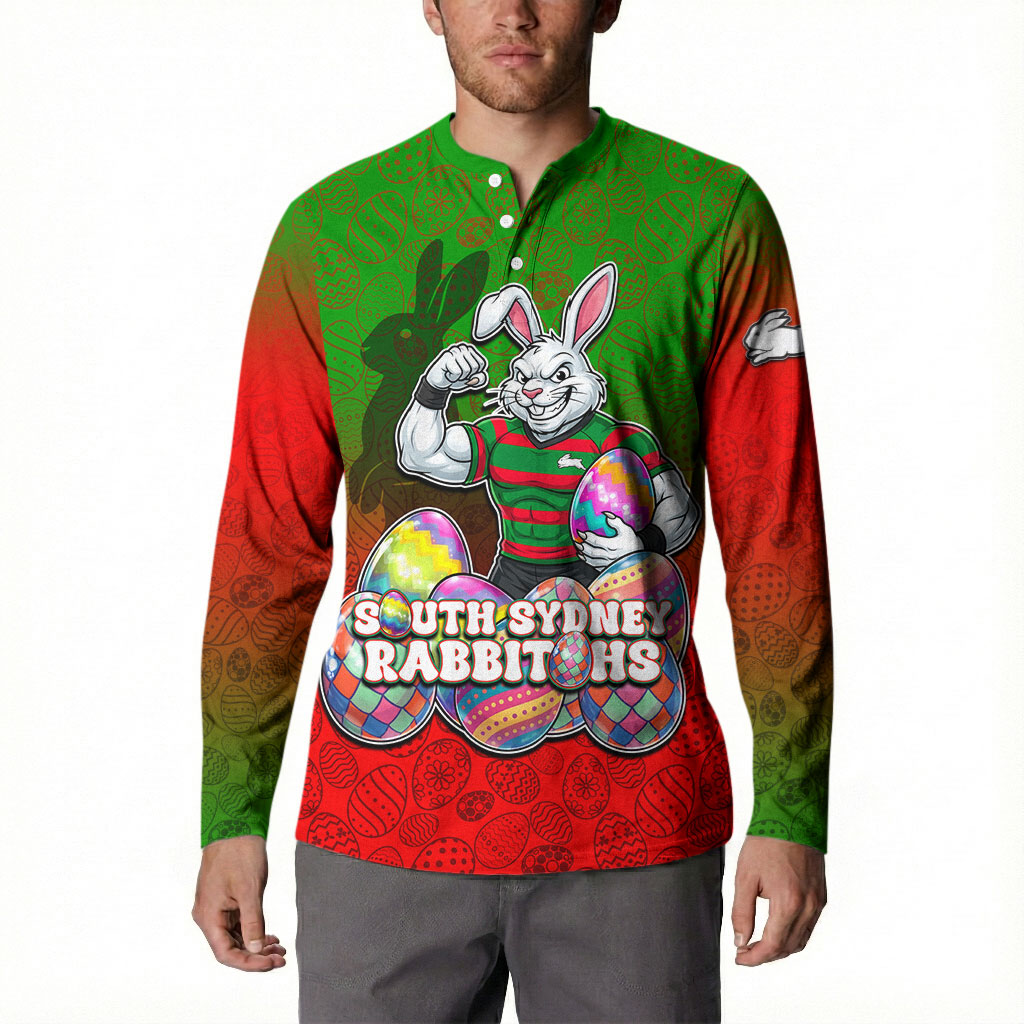 Personalized South Sydney Rabbitohs Button Sweatshirt Easter Mascot - Colorful Eggs Cartoon Style