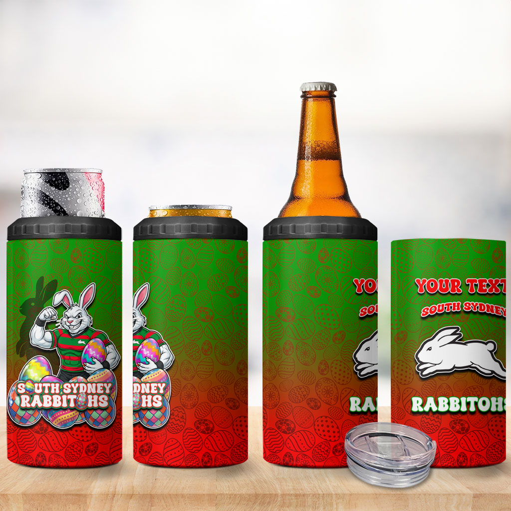Personalized South Sydney Rabbitohs 4 in 1 Can Cooler Tumbler Easter Mascot - Colorful Eggs Cartoon Style