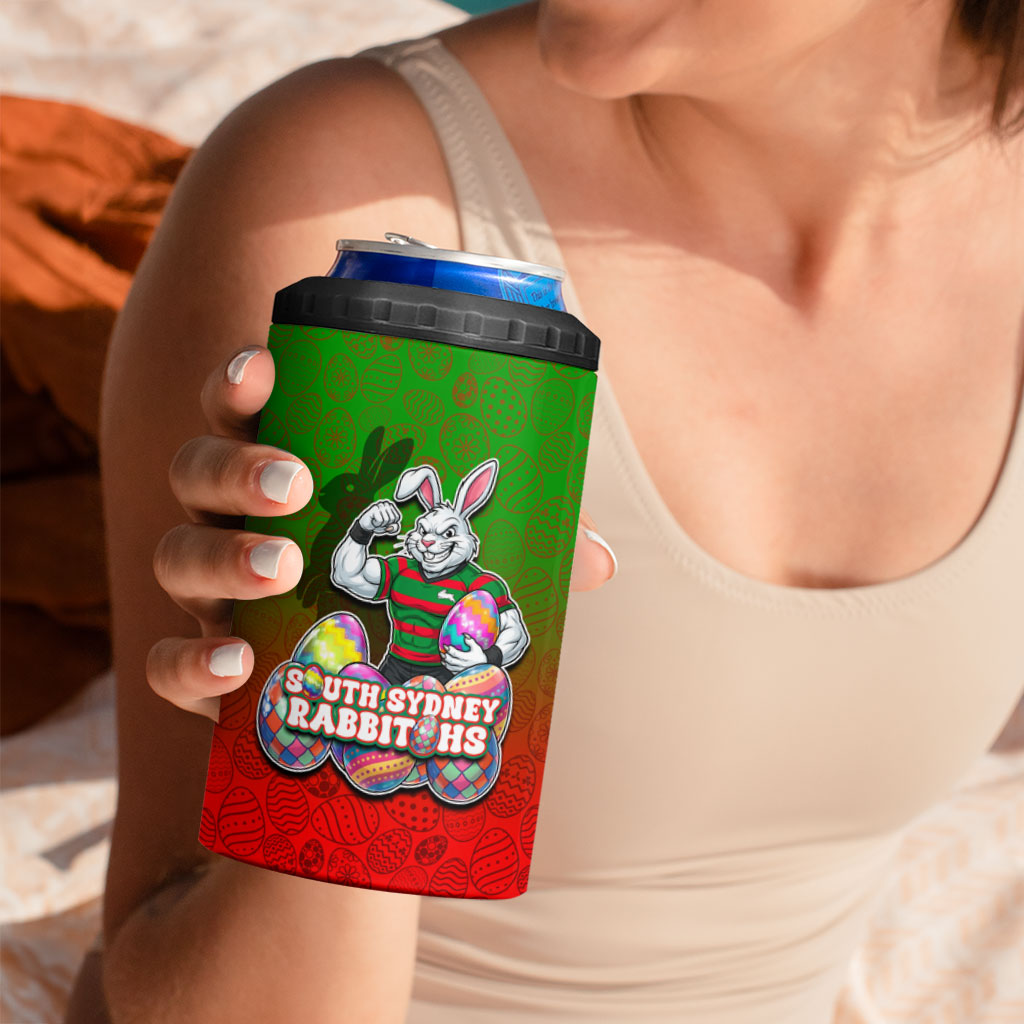 Personalized South Sydney Rabbitohs 4 in 1 Can Cooler Tumbler Easter Mascot - Colorful Eggs Cartoon Style