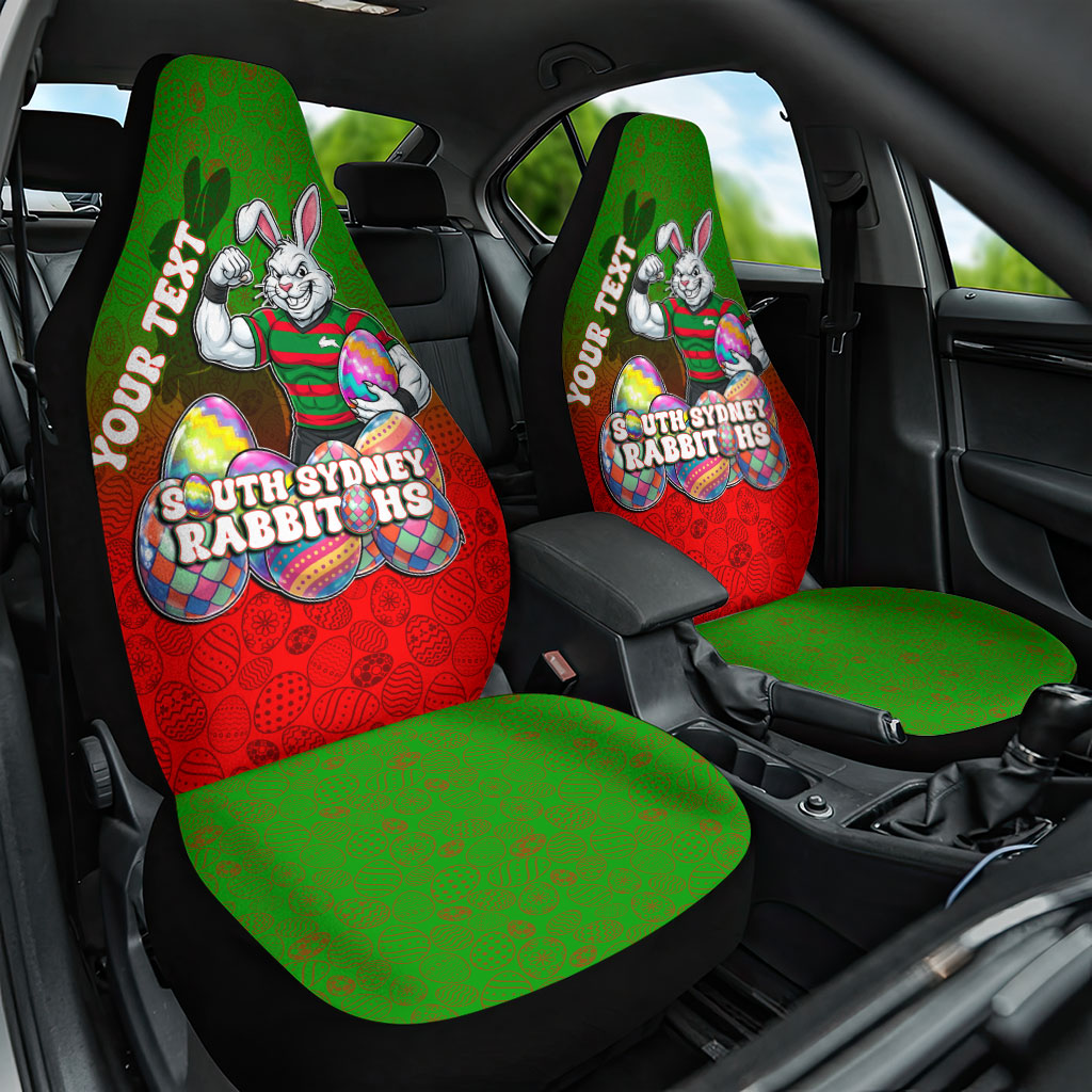 Personalized South Sydney Rabbitohs Car Seat Cover Easter Mascot - Colorful Eggs Cartoon Style