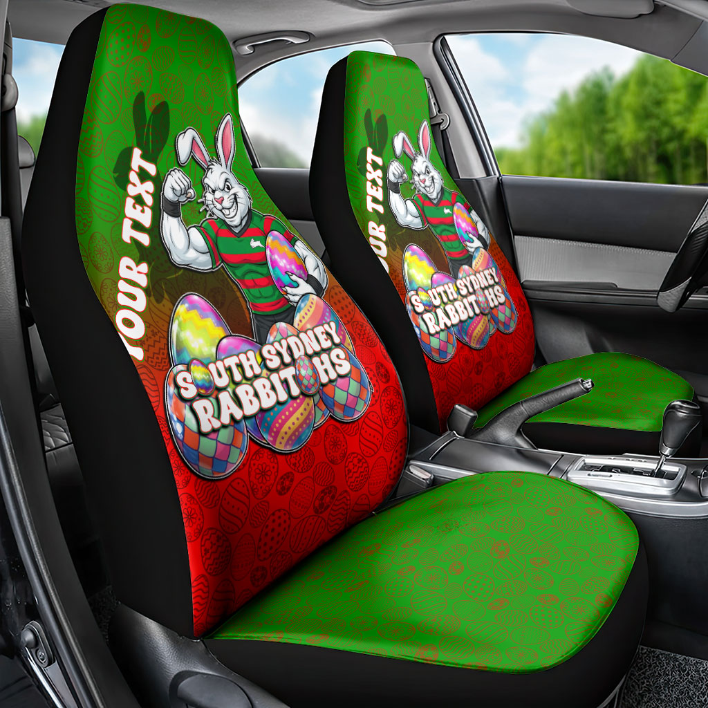 Personalized South Sydney Rabbitohs Car Seat Cover Easter Mascot - Colorful Eggs Cartoon Style