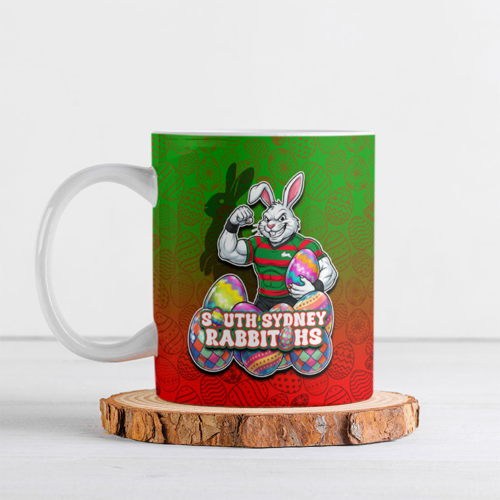 Personalized South Sydney Rabbitohs Ceramic Mug Easter Mascot - Colorful Eggs Cartoon Style