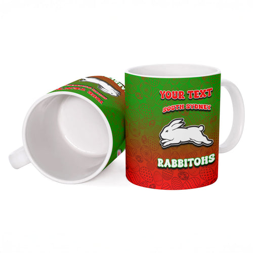 Personalized South Sydney Rabbitohs Ceramic Mug Easter Mascot - Colorful Eggs Cartoon Style