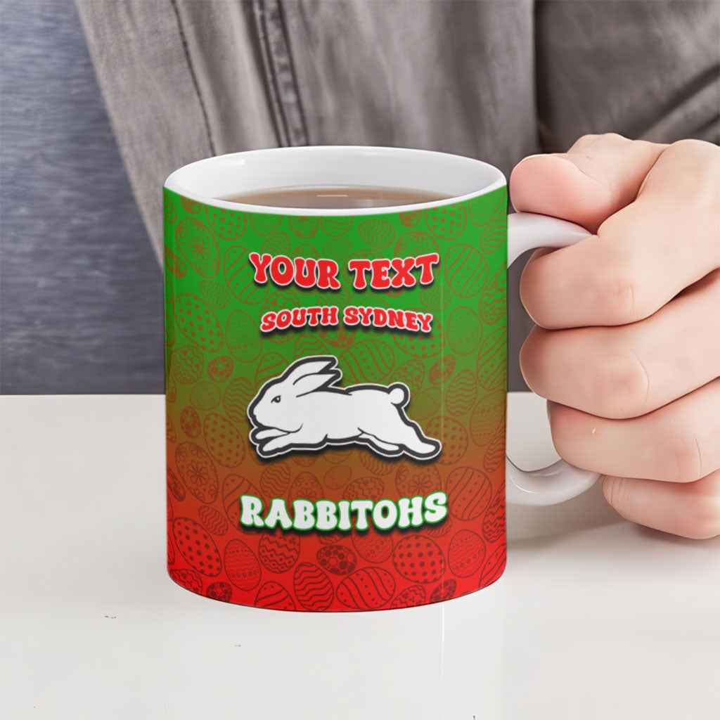 Personalized South Sydney Rabbitohs Ceramic Mug Easter Mascot - Colorful Eggs Cartoon Style