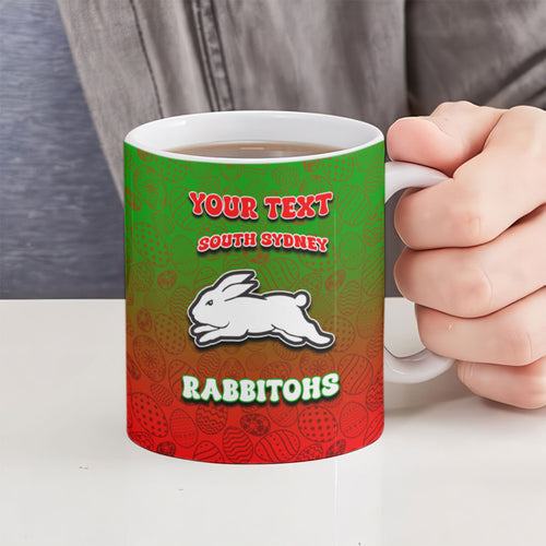 Personalized South Sydney Rabbitohs Ceramic Mug Easter Mascot - Colorful Eggs Cartoon Style