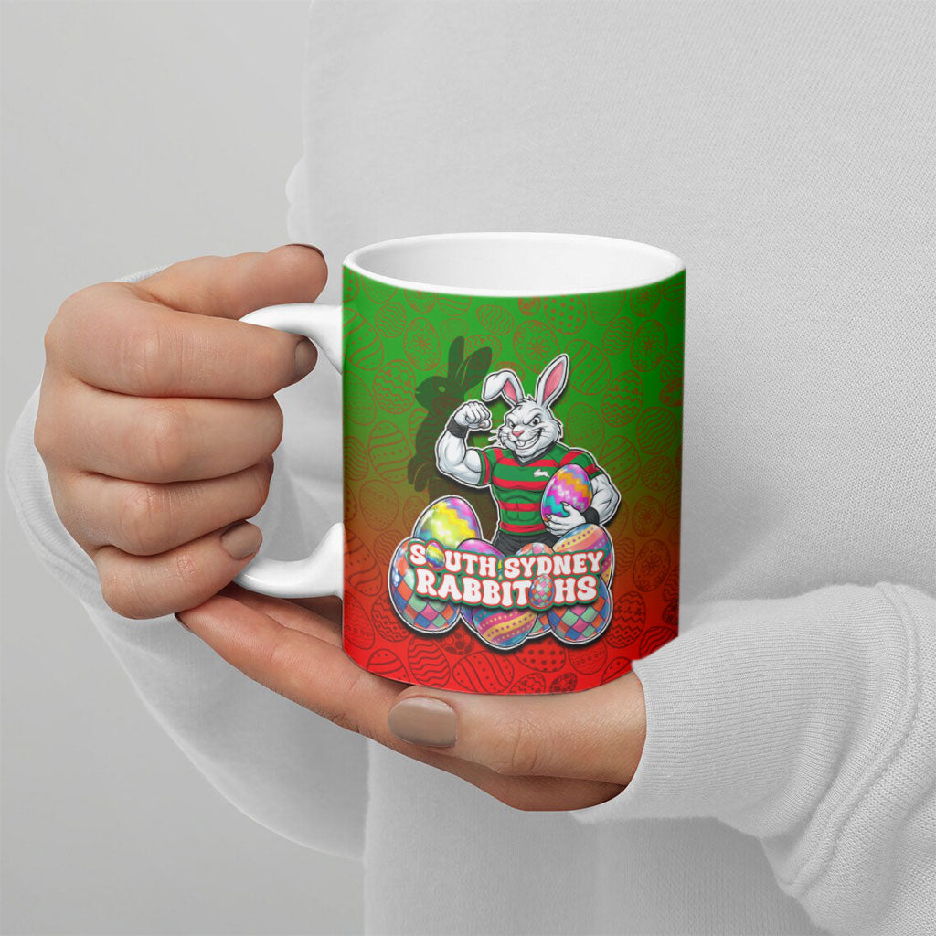 Personalized South Sydney Rabbitohs Ceramic Mug Easter Mascot - Colorful Eggs Cartoon Style