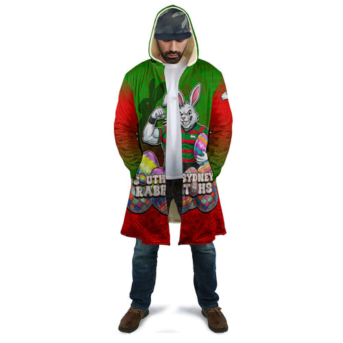 Personalized South Sydney Rabbitohs Cloak Easter Mascot - Colorful Eggs Cartoon Style