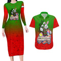 Personalized South Sydney Rabbitohs Couples Matching Long Sleeve Bodycon Dress and Hawaiian Shirt Easter Mascot - Colorful Eggs Cartoon Style