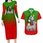 Personalized South Sydney Rabbitohs Couples Matching Long Sleeve Bodycon Dress and Hawaiian Shirt Easter Mascot - Colorful Eggs Cartoon Style