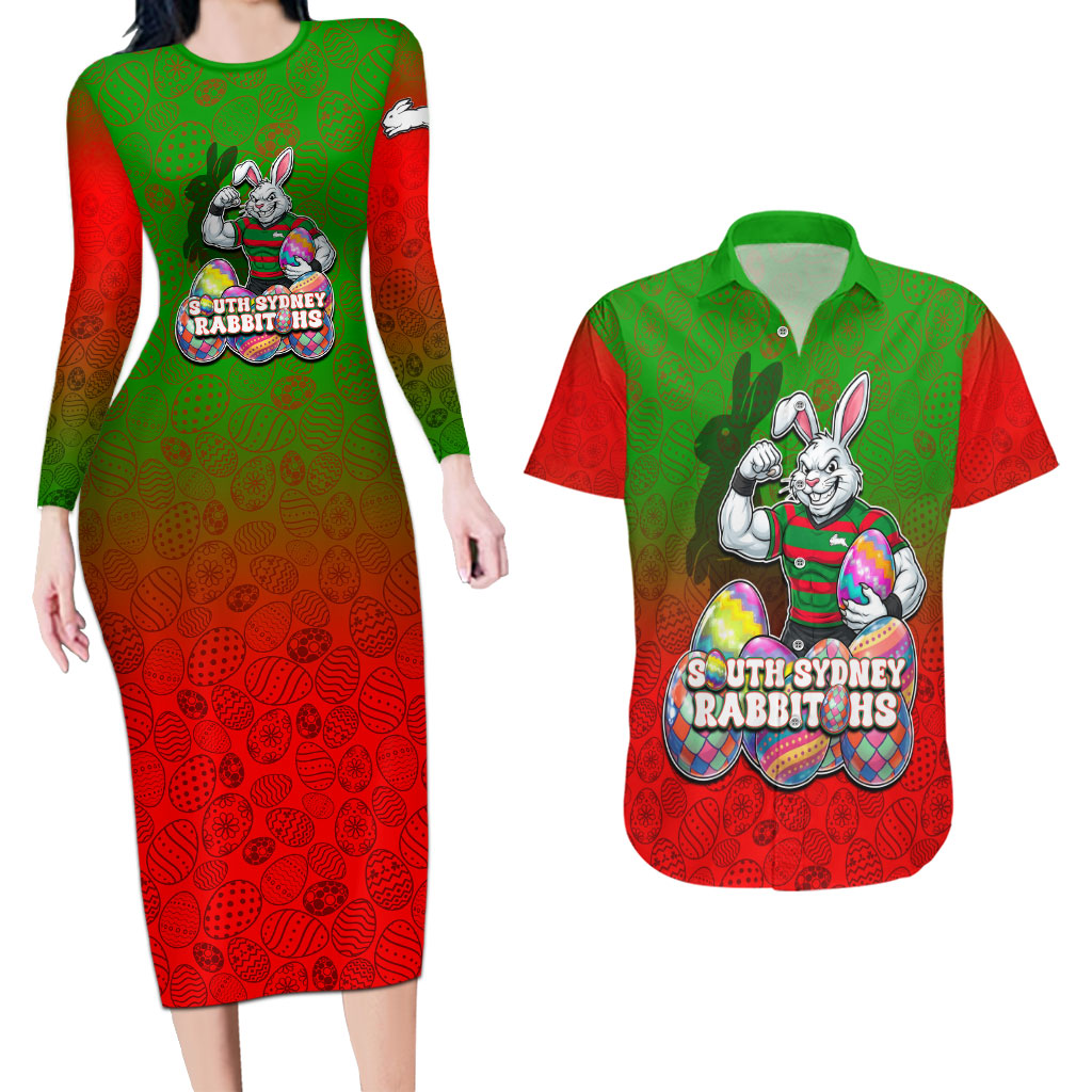 Personalized South Sydney Rabbitohs Couples Matching Long Sleeve Bodycon Dress and Hawaiian Shirt Easter Mascot - Colorful Eggs Cartoon Style