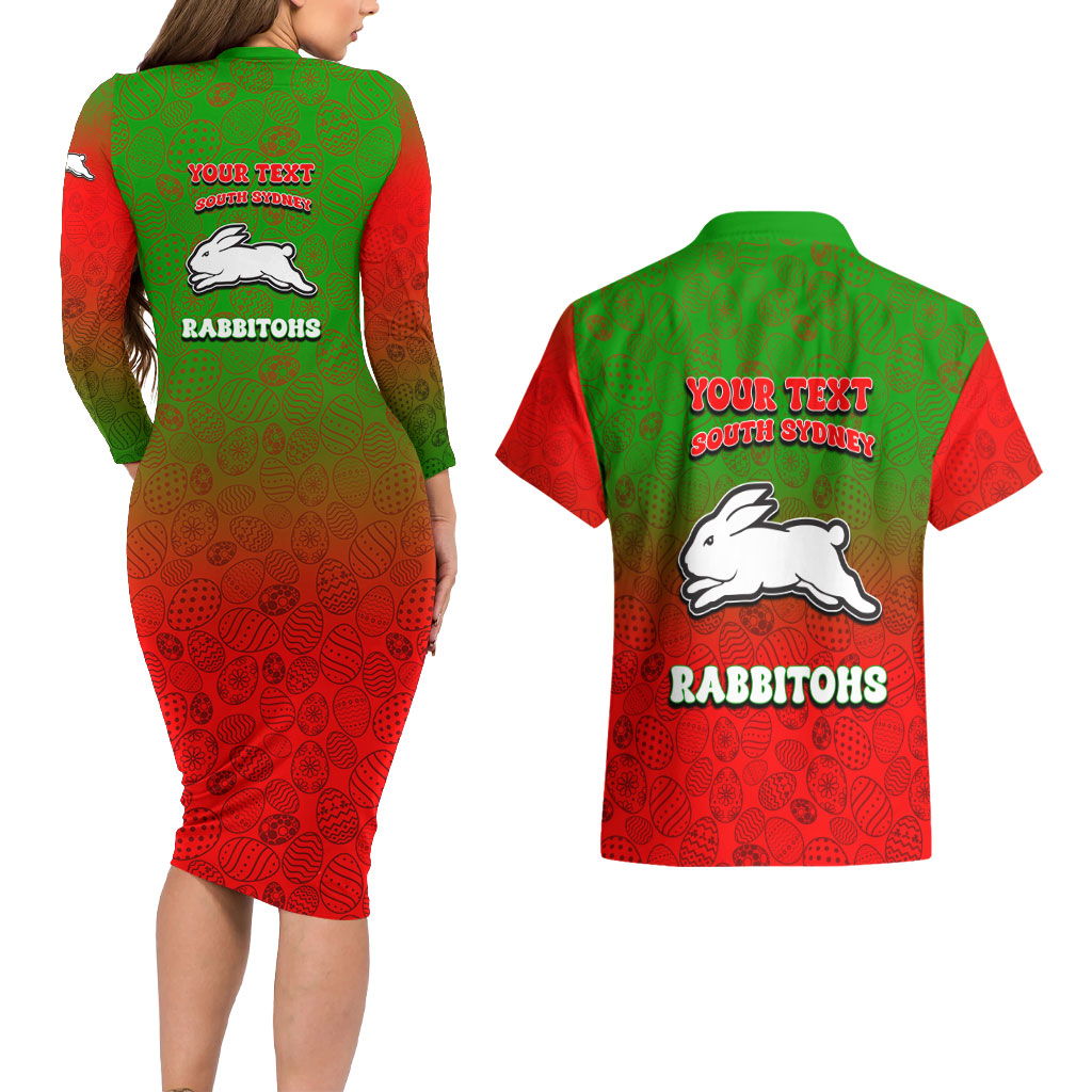 Personalized South Sydney Rabbitohs Couples Matching Long Sleeve Bodycon Dress and Hawaiian Shirt Easter Mascot - Colorful Eggs Cartoon Style