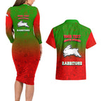 Personalized South Sydney Rabbitohs Couples Matching Long Sleeve Bodycon Dress and Hawaiian Shirt Easter Mascot - Colorful Eggs Cartoon Style