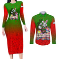 Personalized South Sydney Rabbitohs Couples Matching Long Sleeve Bodycon Dress and Long Sleeve Button Shirt Easter Mascot - Colorful Eggs Cartoon Style