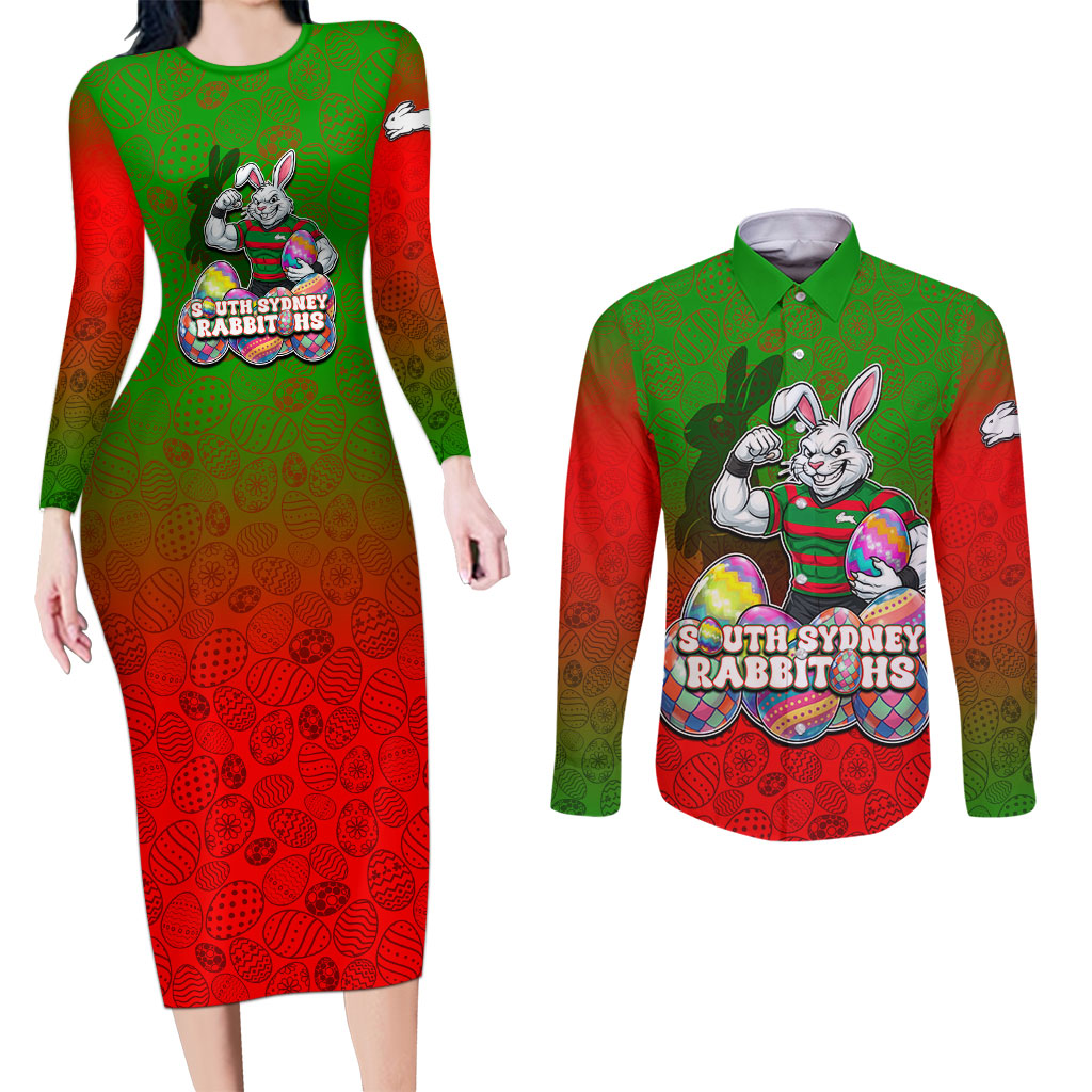 Personalized South Sydney Rabbitohs Couples Matching Long Sleeve Bodycon Dress and Long Sleeve Button Shirt Easter Mascot - Colorful Eggs Cartoon Style