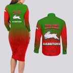 Personalized South Sydney Rabbitohs Couples Matching Long Sleeve Bodycon Dress and Long Sleeve Button Shirt Easter Mascot - Colorful Eggs Cartoon Style