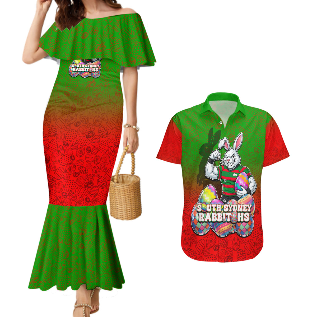 Personalized South Sydney Rabbitohs Couples Matching Mermaid Dress and Hawaiian Shirt Easter Mascot - Colorful Eggs Cartoon Style