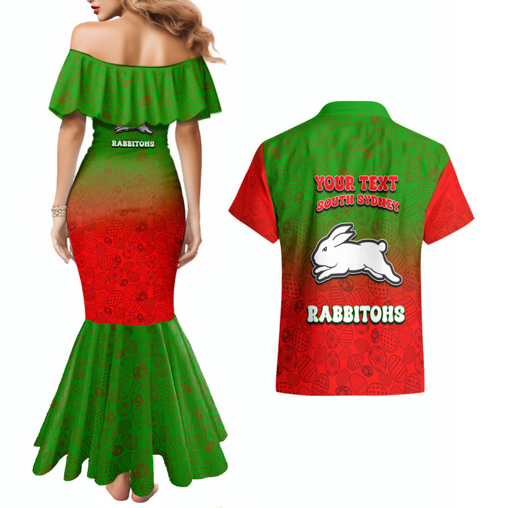 Personalized South Sydney Rabbitohs Couples Matching Mermaid Dress and Hawaiian Shirt Easter Mascot - Colorful Eggs Cartoon Style
