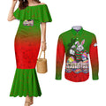 Personalized South Sydney Rabbitohs Couples Matching Mermaid Dress and Long Sleeve Button Shirt Easter Mascot - Colorful Eggs Cartoon Style