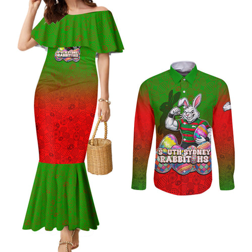 Personalized South Sydney Rabbitohs Couples Matching Mermaid Dress and Long Sleeve Button Shirt Easter Mascot - Colorful Eggs Cartoon Style