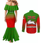 Personalized South Sydney Rabbitohs Couples Matching Mermaid Dress and Long Sleeve Button Shirt Easter Mascot - Colorful Eggs Cartoon Style