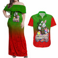 Personalized South Sydney Rabbitohs Couples Matching Off Shoulder Maxi Dress and Hawaiian Shirt Easter Mascot - Colorful Eggs Cartoon Style