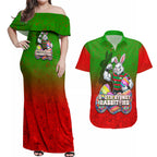 Personalized South Sydney Rabbitohs Couples Matching Off Shoulder Maxi Dress and Hawaiian Shirt Easter Mascot - Colorful Eggs Cartoon Style