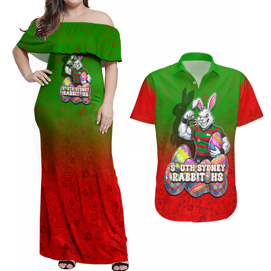 Personalized South Sydney Rabbitohs Couples Matching Off Shoulder Maxi Dress and Hawaiian Shirt Easter Mascot - Colorful Eggs Cartoon Style