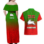 Personalized South Sydney Rabbitohs Couples Matching Off Shoulder Maxi Dress and Hawaiian Shirt Easter Mascot - Colorful Eggs Cartoon Style
