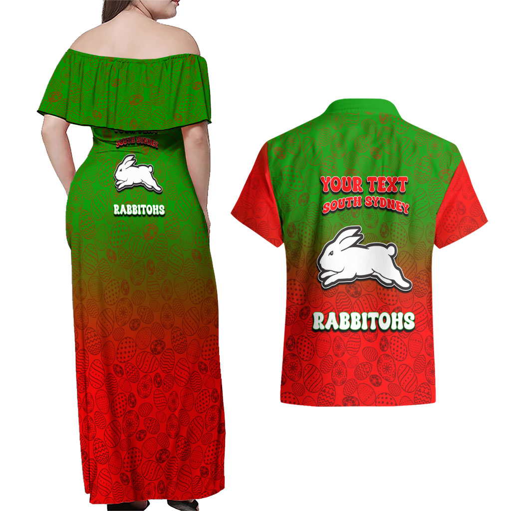 Personalized South Sydney Rabbitohs Couples Matching Off Shoulder Maxi Dress and Hawaiian Shirt Easter Mascot - Colorful Eggs Cartoon Style