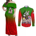 Personalized South Sydney Rabbitohs Couples Matching Off Shoulder Maxi Dress and Long Sleeve Button Shirt Easter Mascot - Colorful Eggs Cartoon Style