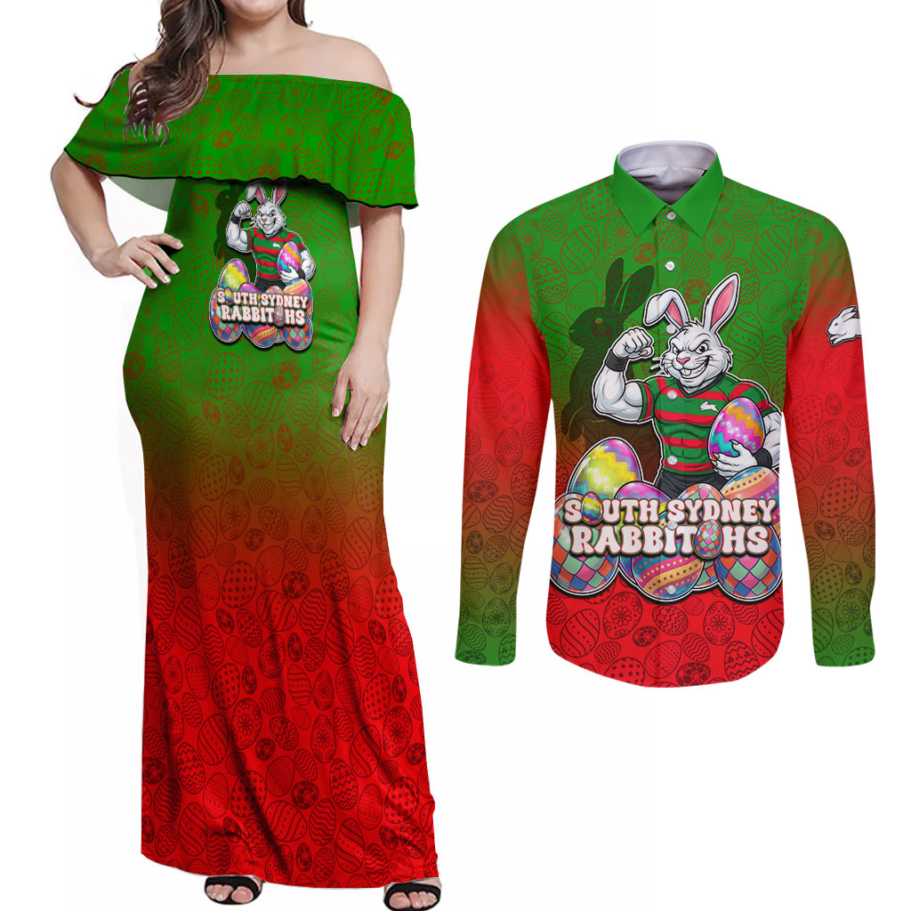 Personalized South Sydney Rabbitohs Couples Matching Off Shoulder Maxi Dress and Long Sleeve Button Shirt Easter Mascot - Colorful Eggs Cartoon Style