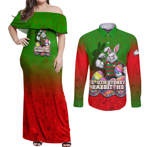 Personalized South Sydney Rabbitohs Couples Matching Off Shoulder Maxi Dress and Long Sleeve Button Shirt Easter Mascot - Colorful Eggs Cartoon Style
