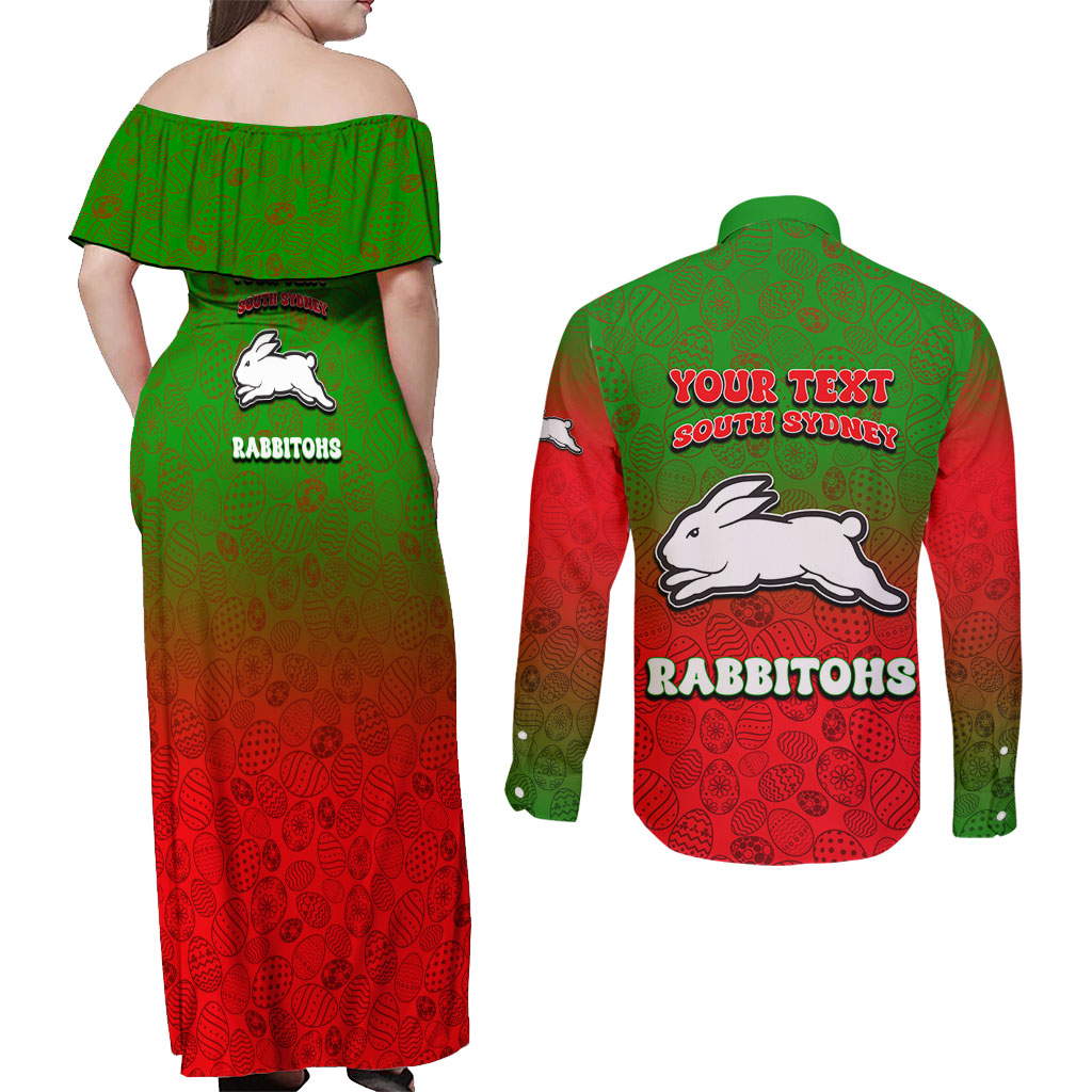 Personalized South Sydney Rabbitohs Couples Matching Off Shoulder Maxi Dress and Long Sleeve Button Shirt Easter Mascot - Colorful Eggs Cartoon Style