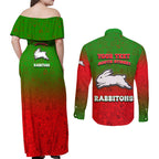 Personalized South Sydney Rabbitohs Couples Matching Off Shoulder Maxi Dress and Long Sleeve Button Shirt Easter Mascot - Colorful Eggs Cartoon Style