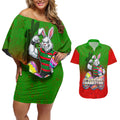 Personalized South Sydney Rabbitohs Couples Matching Off Shoulder Short Dress and Hawaiian Shirt Easter Mascot - Colorful Eggs Cartoon Style
