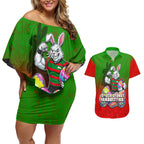 Personalized South Sydney Rabbitohs Couples Matching Off Shoulder Short Dress and Hawaiian Shirt Easter Mascot - Colorful Eggs Cartoon Style