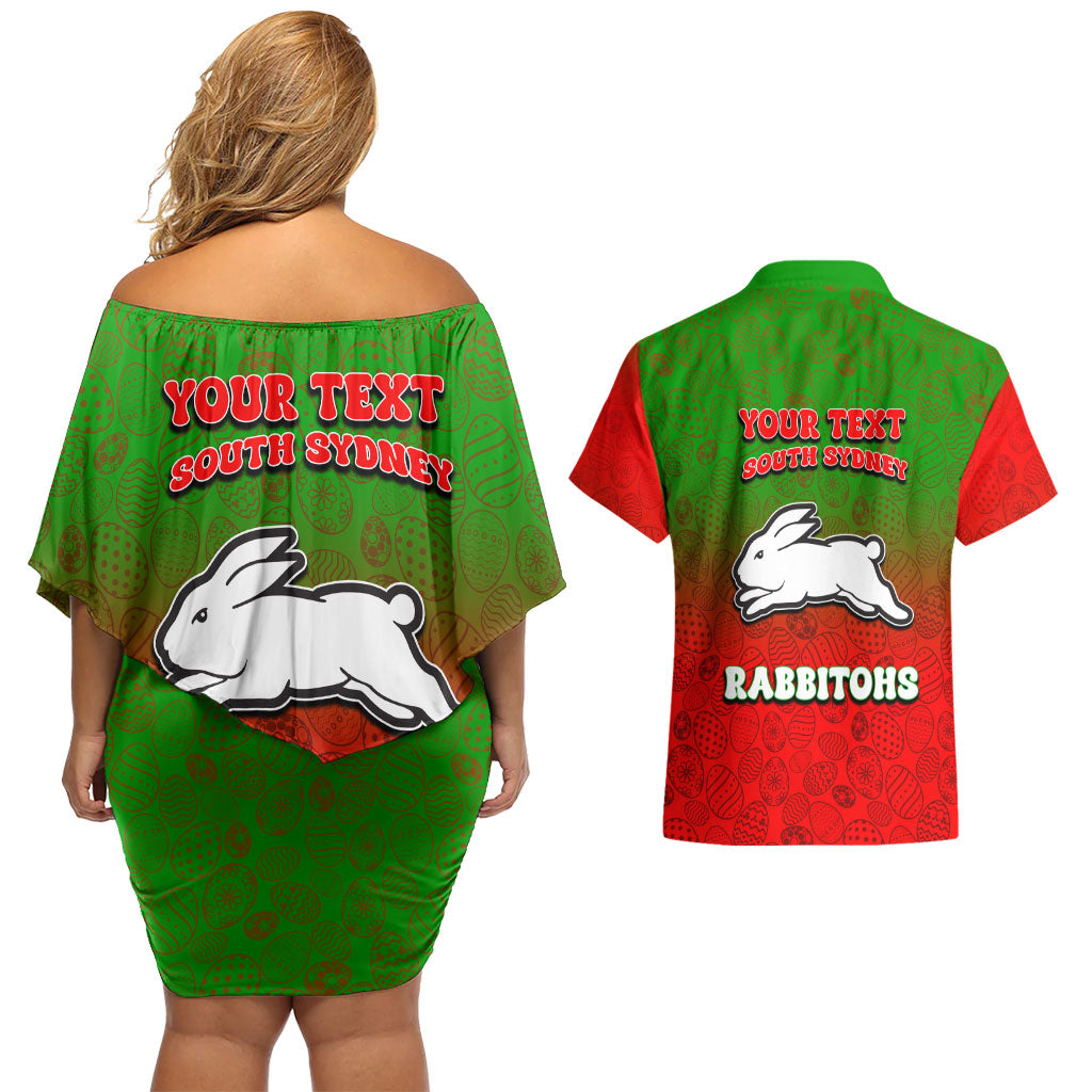 Personalized South Sydney Rabbitohs Couples Matching Off Shoulder Short Dress and Hawaiian Shirt Easter Mascot - Colorful Eggs Cartoon Style