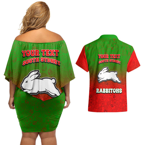 Personalized South Sydney Rabbitohs Couples Matching Off Shoulder Short Dress and Hawaiian Shirt Easter Mascot - Colorful Eggs Cartoon Style